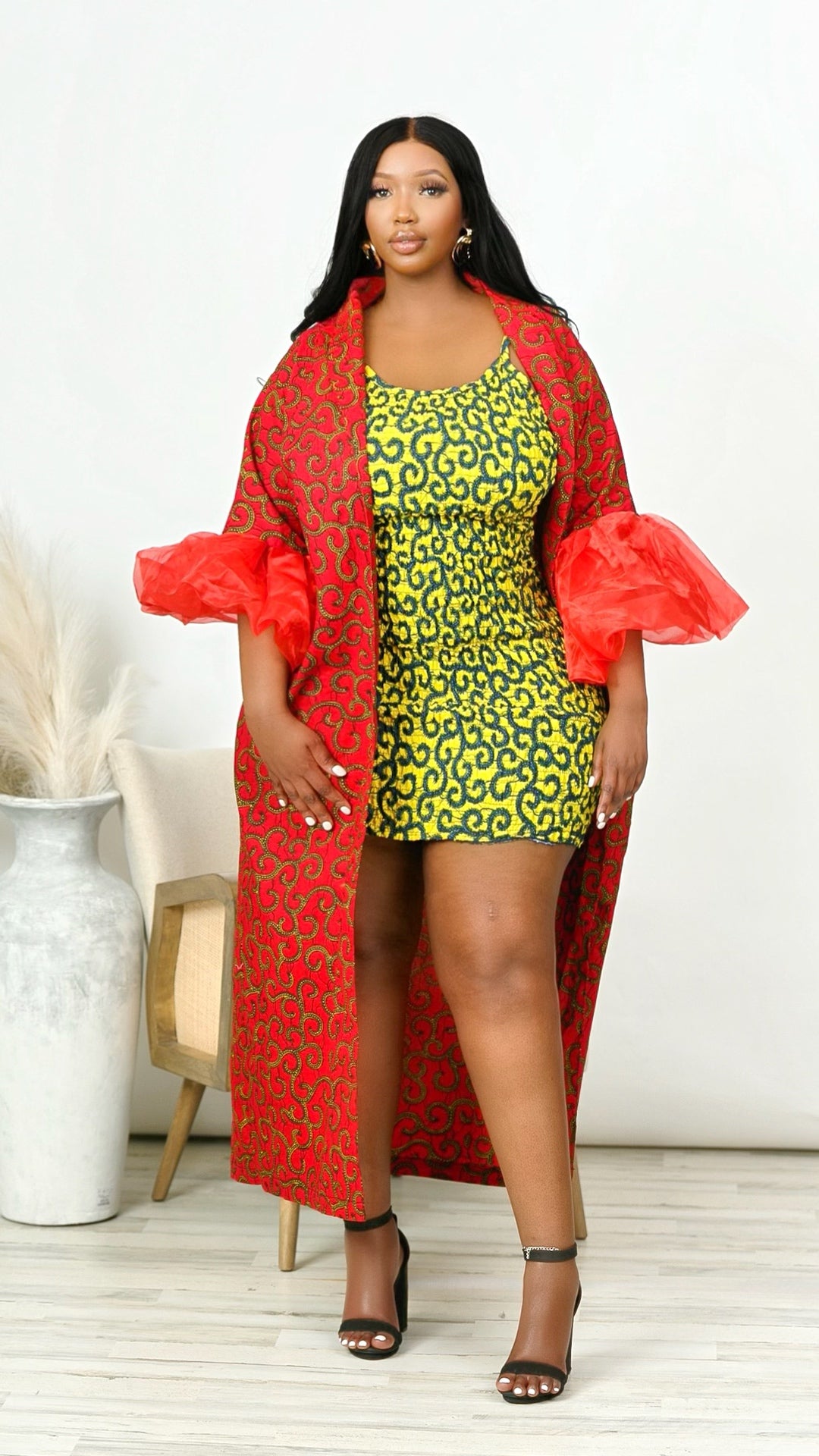 Moda 2 Piece African Print Mini Dress with Kimono Cover Up