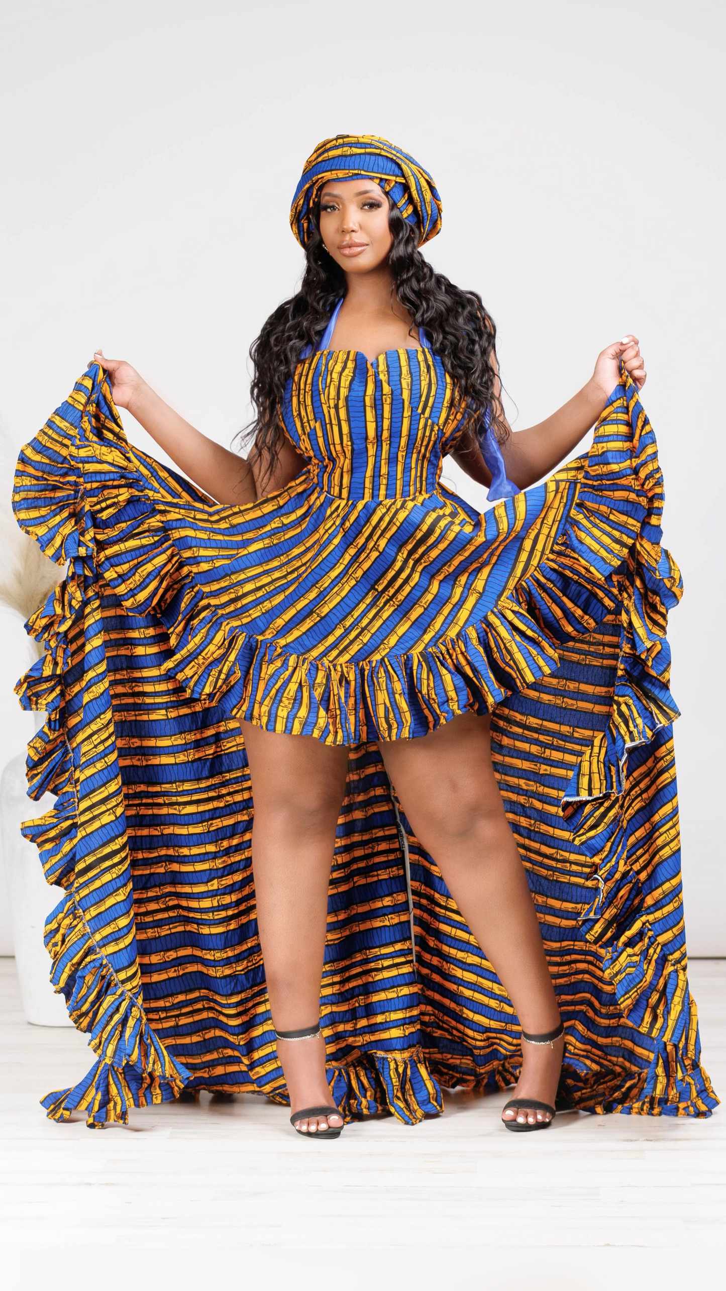 Uche African Print High-Low Ruffle Bow Dress