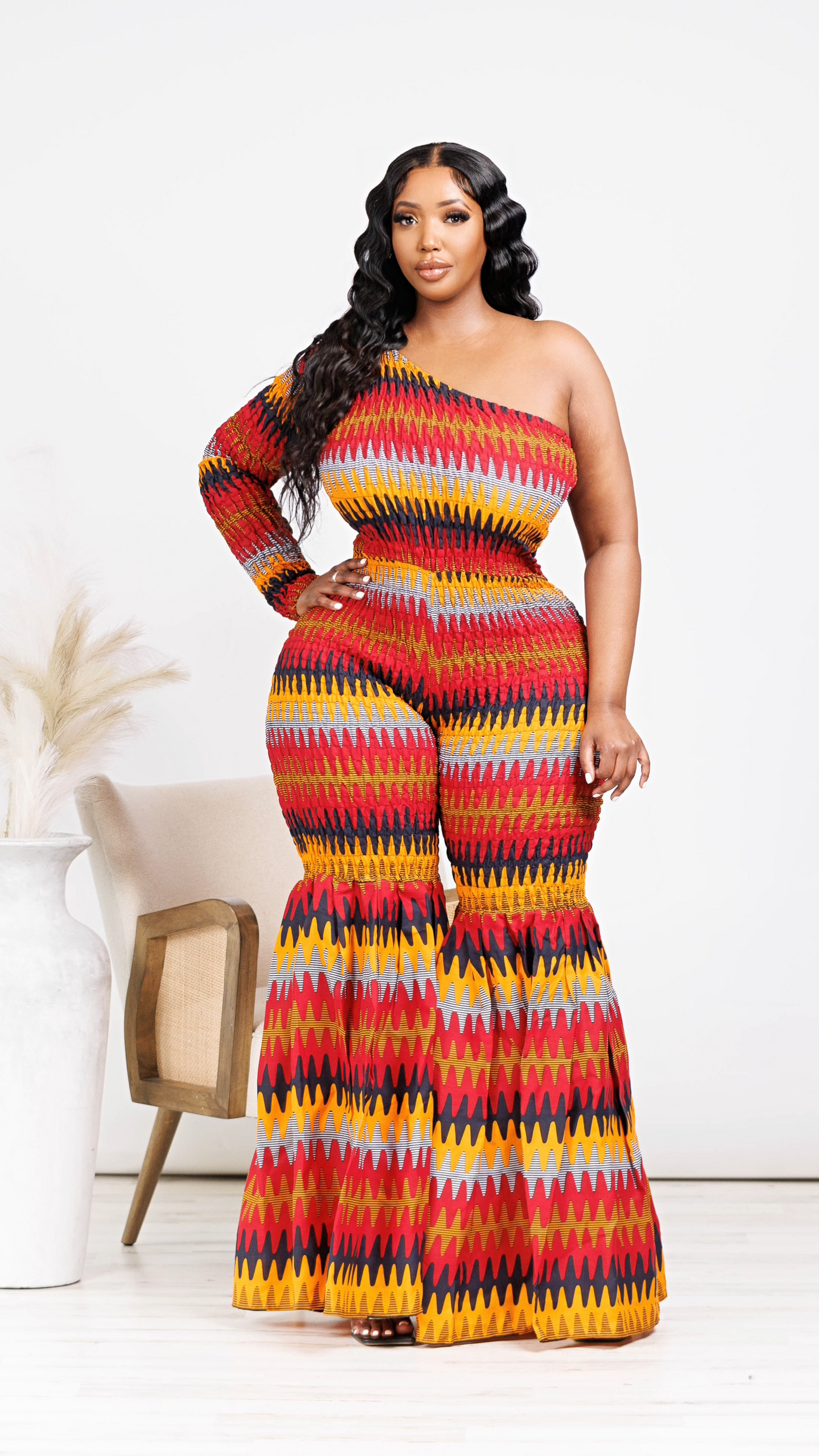Abena African Print One Shoulder Bell Bottom Jumpsuit