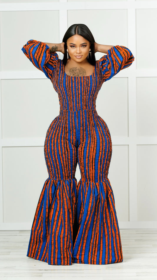Dayo African Print Bell Bottom Jumpsuit (Orange)