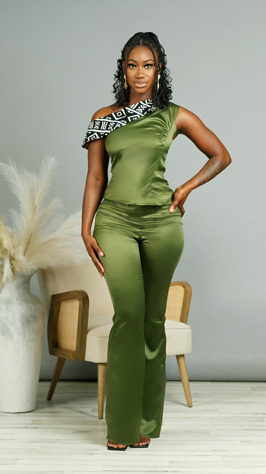 Cyn African Print Satin 2-Piece Pant Set (Green)
