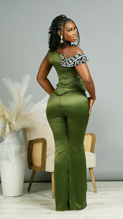 Cyn African Print Satin 2-Piece Pant Set (Green)