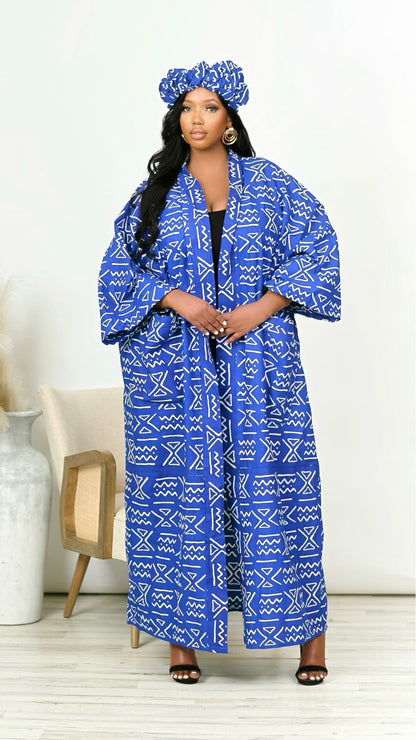 Taiwo Tribal African Print Kimono With Headband *Blue