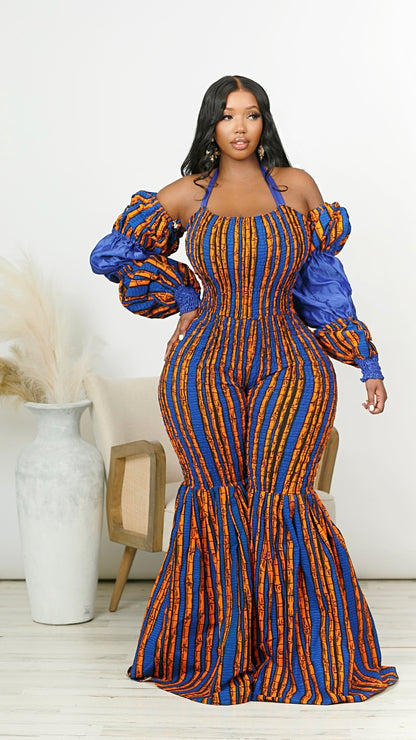 Aza African Print Bell Bottom Jumpsuit with Detachable Sleeves