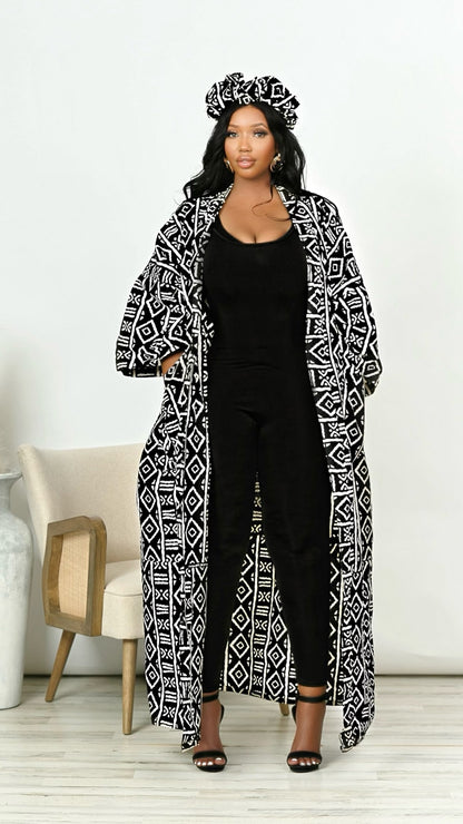 Taiwo Tribal African Print Kimono With Headband *Black