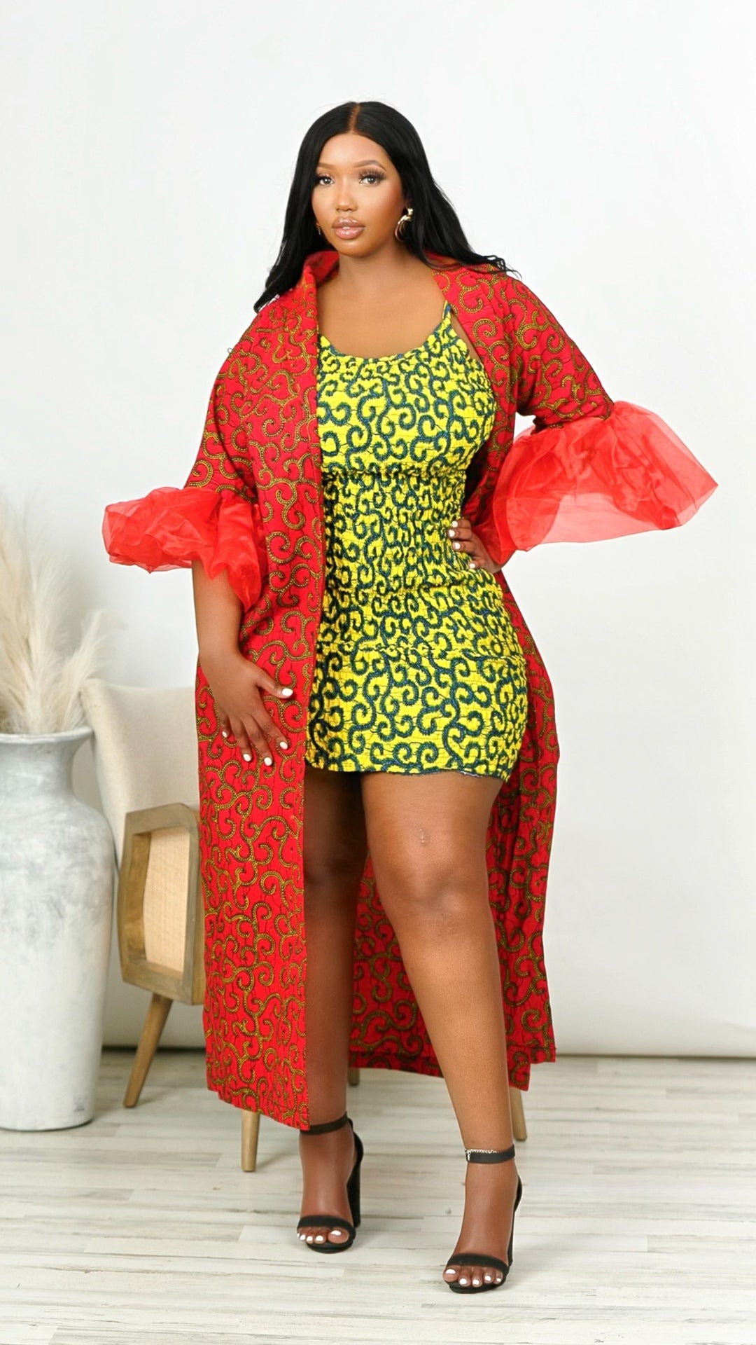 Moda 2 Piece African Print Mini Dress with Kimono Cover Up