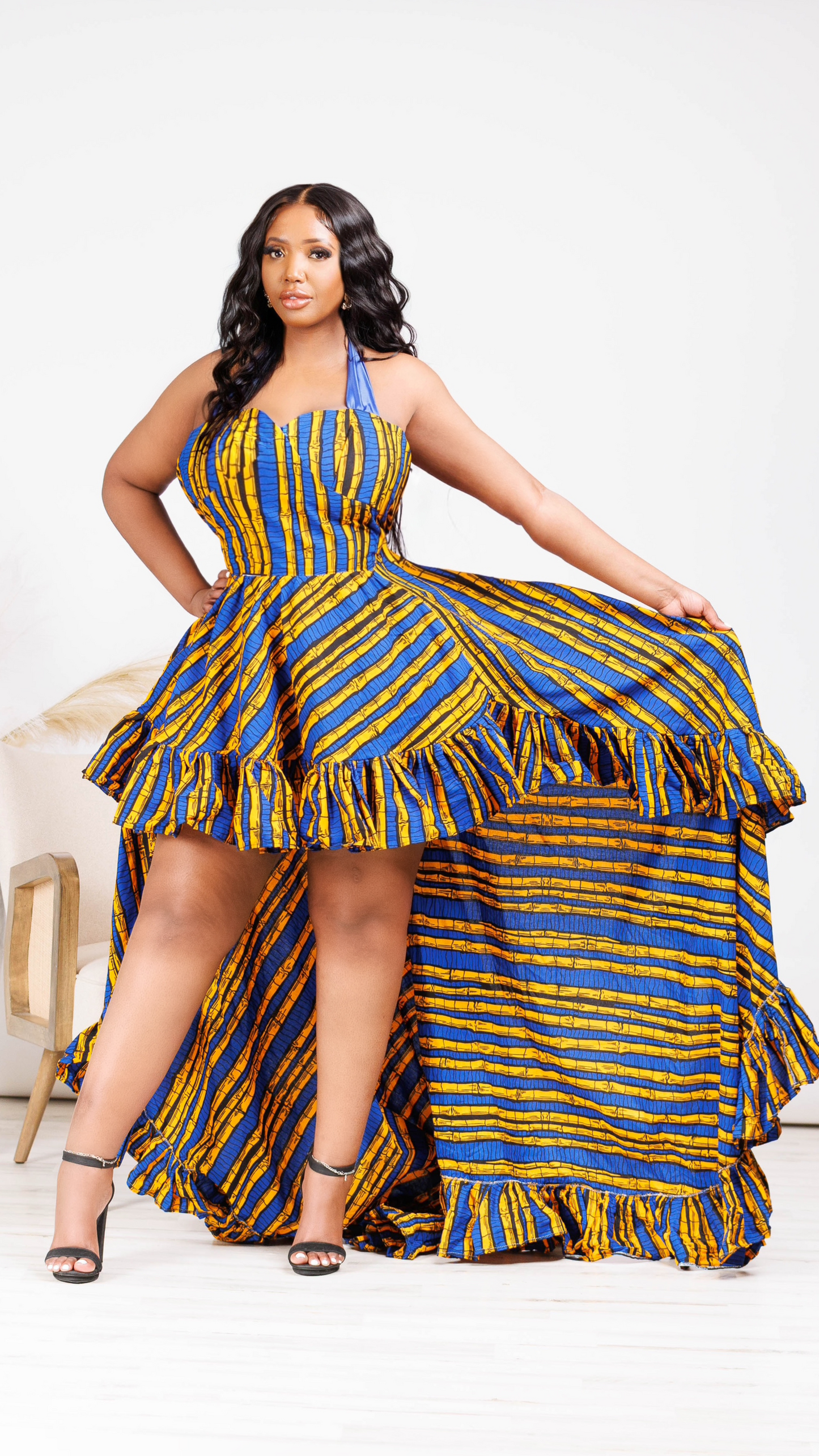 Uche African Print High-Low Ruffle Bow Dress