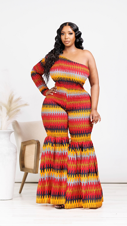 Abena African Print One Shoulder Bell Bottom Jumpsuit